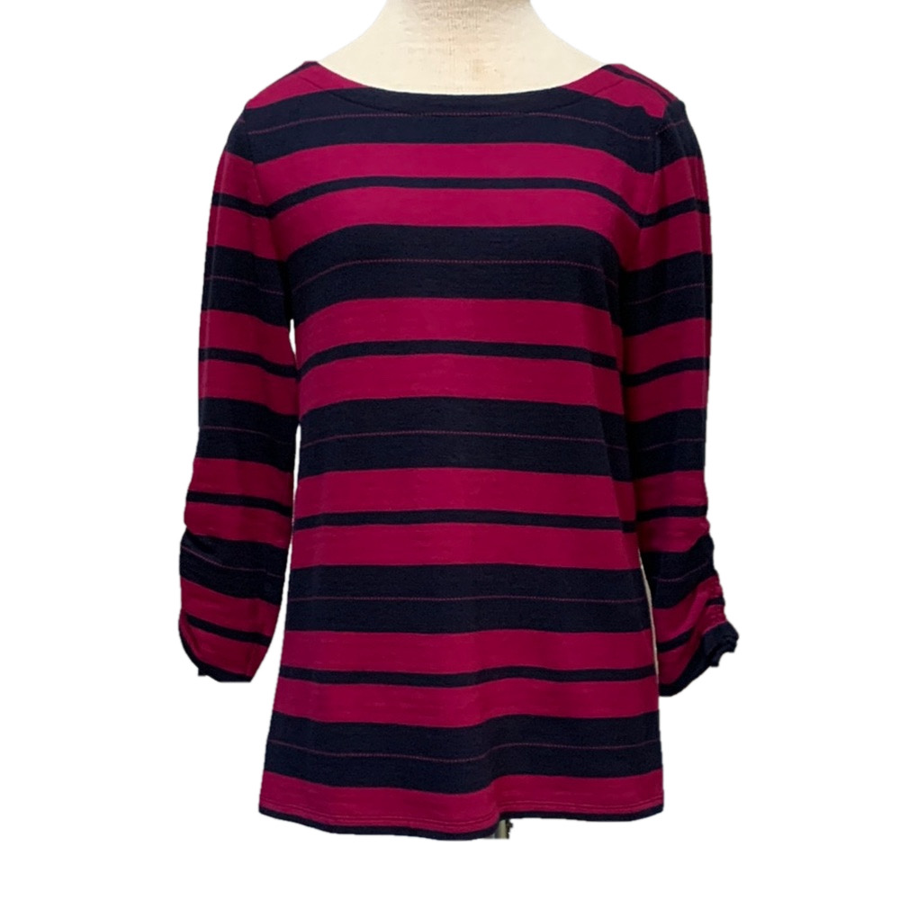 Talbots sz S navy blue and magenta cotton boatneck striped 3/4 sleeve top - Picture 2 of 7